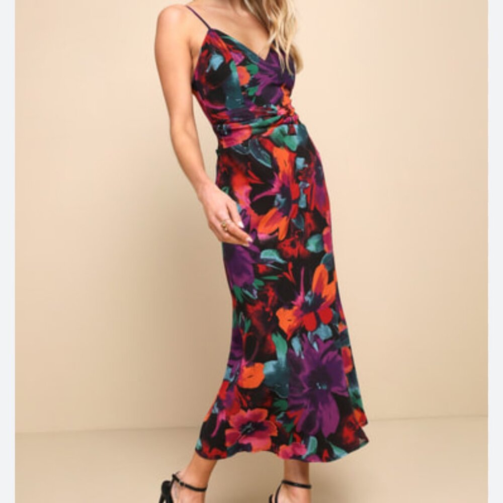 Lulus Beautiful Entrance Multi Floral Twist-Front Midi Dress